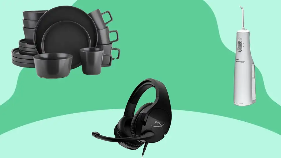 A set of dishes, headset, and waterpik against green background.