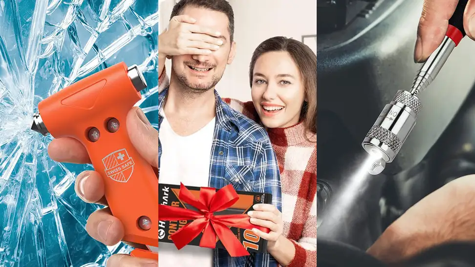 Three images of an emergency glass shatterer; A person being gifted tools by a significant other; A magnet used in the dark.