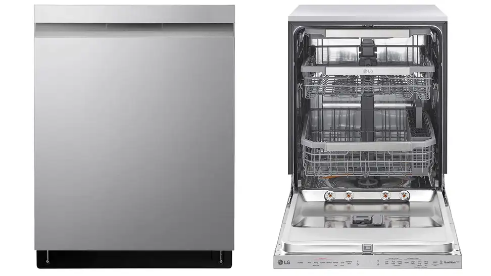 An image of a stainless steel dishwasher sits next to an open dishwasher