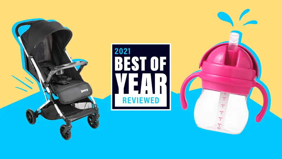 A stroller and sippy cup on a yellow and blue background with the text "2021 Best of Year Reviewed"