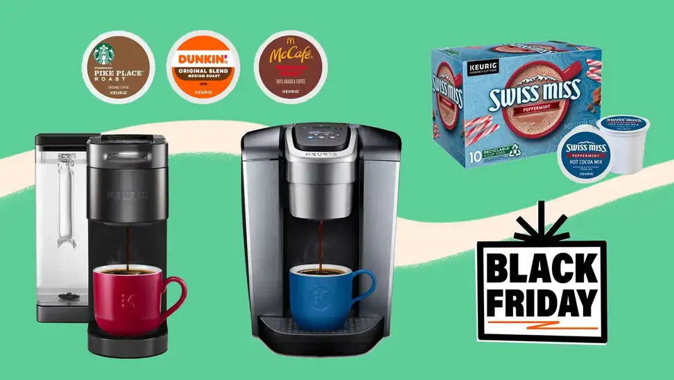 Keurig coffee makers and K-Cups against a green background.