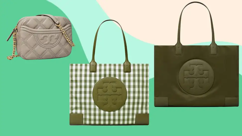 Three green and gray Tory Burch purses.