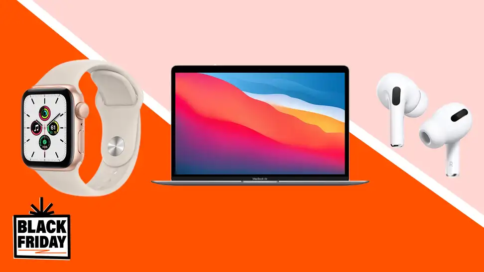 An Apple Watch, MacBook, and Airpods on an orange background.