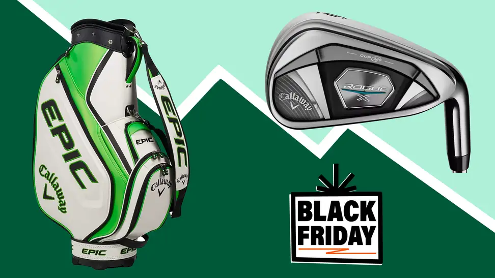 A golf bag, and a golf club, on a green background.