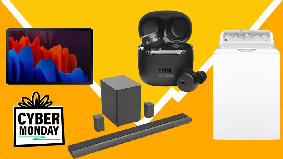 Tech gadgets and appliances on yellow and orange background