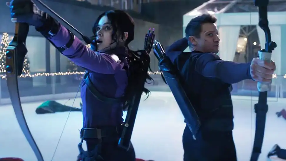 Hailee Steinfeld as Hawkeye and Jeremy Renner as Clint Barton in Hawkeye.
