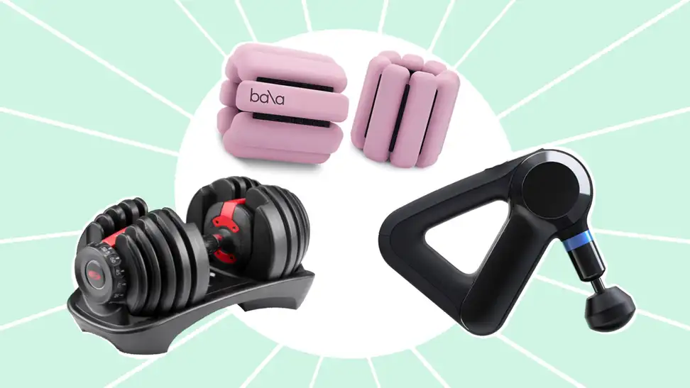 Exercise equipment from Bowflex and Therabody against a green background.