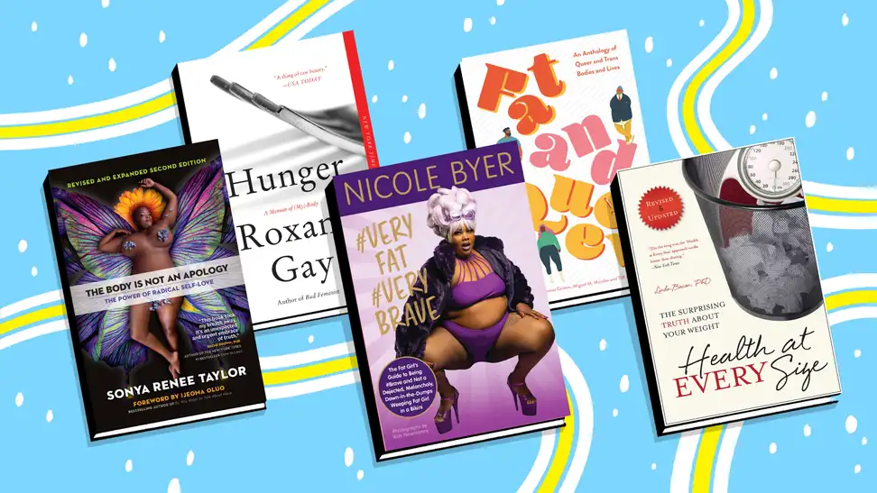 A variety of books on body positivity spread on a blue background with white and yellow stripes
