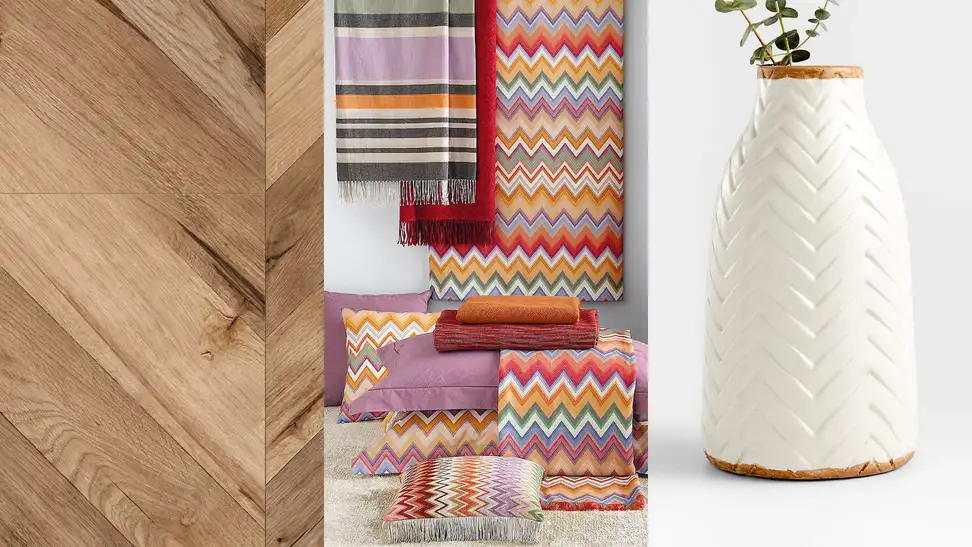 1) Close up of a wood floor in a chevron pattern. 2) Colorful throw rugs in design display. 3) Close up of a chevron-carved vase.