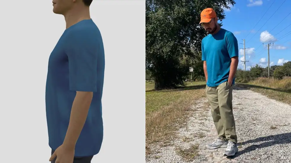 Side silhouette featured on Amazon's Made for You Custom T-shirt app, photo of man standing in Amazon Made For You Custom T-shirt in teal.