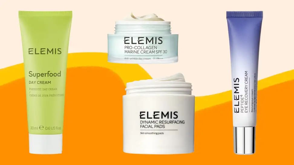Assorted Elemis cosmetic products in tubes and jars.