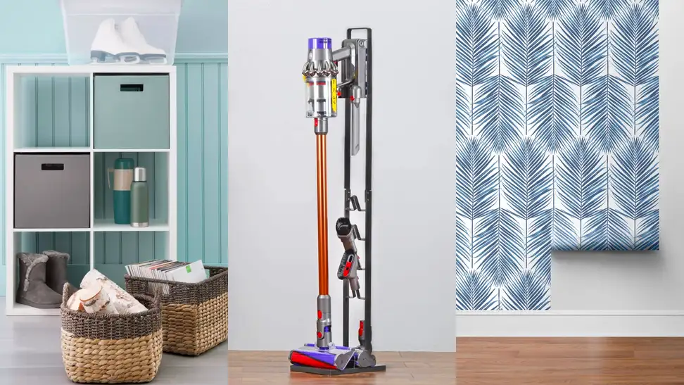A storage container; a vacuum stand; and stick-and-peel wallpaper.
