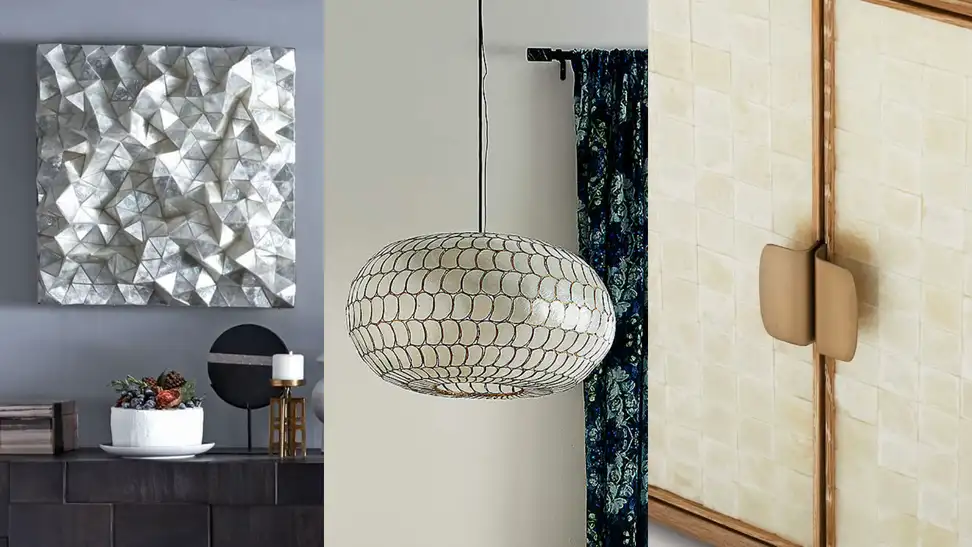 Capiz artwork, hanging light, and entertainment console.