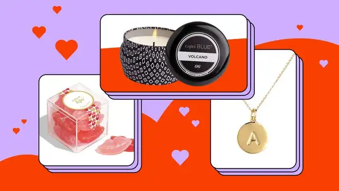 On left, lip-shaped gummy candy in clear box. In middle, lit black and white candle. On right, gold pendant necklace with letter "A" on front.