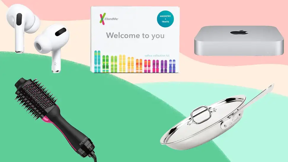 Airpods, a 23andMe testing kit, a Mac Mini, a Revlon hairstyling tool, and an AllClad frypan against a green, pink, and peach background.