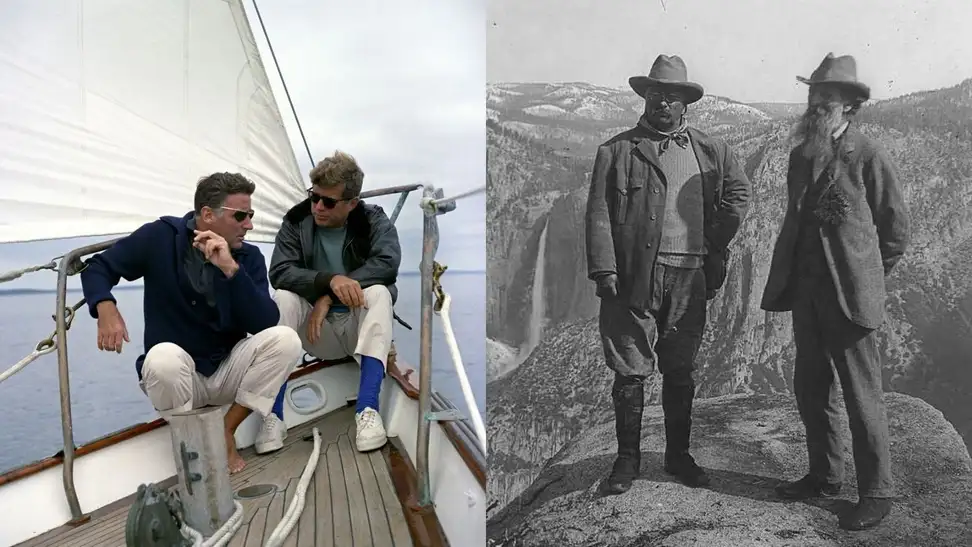 John F. Kennedy hanging out on a boat in Maine, John Muir and President Roosevelt at Yosemite