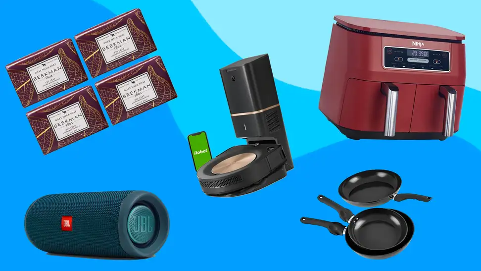 Beekman 1802 soaps, JBL speaker, iRobot, pans, and an air fryer on a blue background