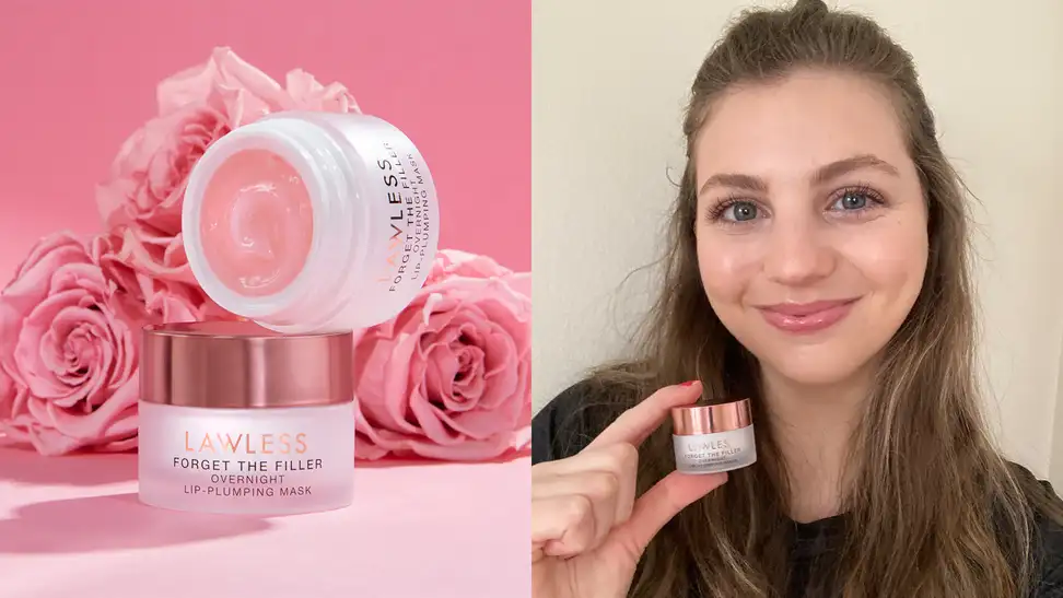 On the left: A white and gold lip mask jar with another uncapped jar on top of it front and center with pink roses in the background. On the right: The author smiling at the camera and holding the lip mask up.