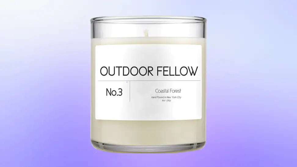 An image of an Outdoor Fellow candle with pale wax in a clear jar on a purple gradient background.