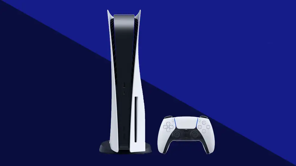 A white PlayStation 5 and DualSense controller in front of a blue and dark blue background.