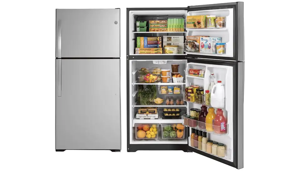 To instances of the fridge in a white void. On the left its doors are shut. On the right, its doors are open, showcasing all the items you can fit inside.