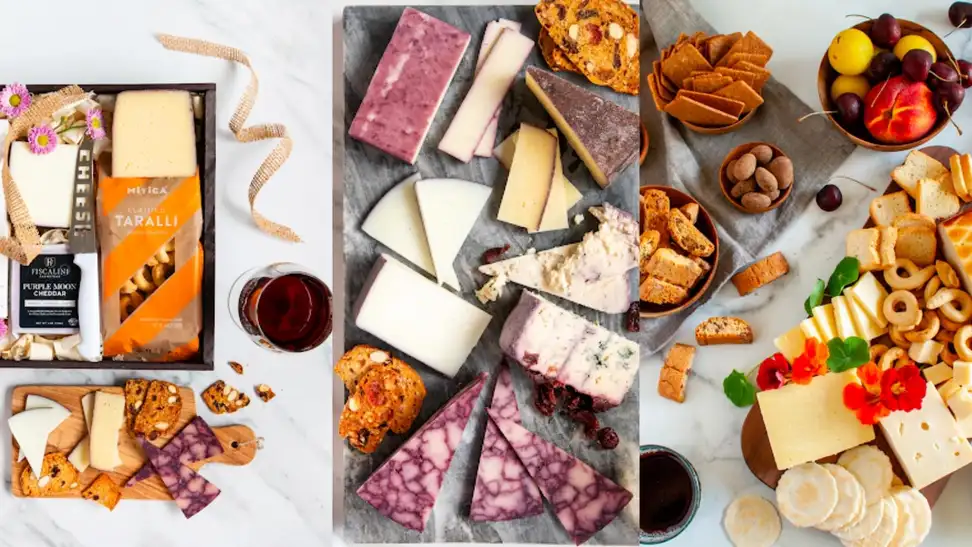 Collection of tapas-style foods and drinks including cheese, crackers, toasts, fruits and wine.