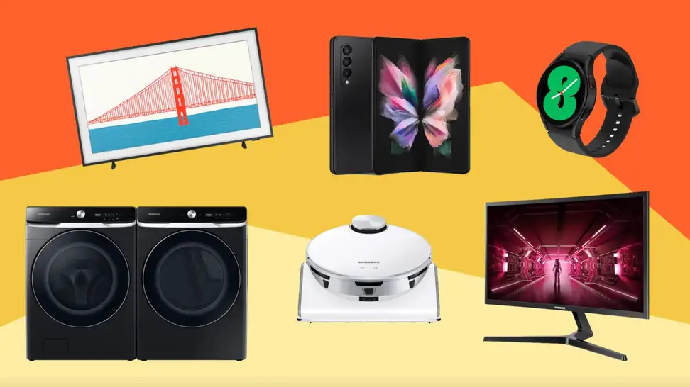 Black washer and dryer combo set, white robot vacuum, smartphone, smartwatch, gaming monitor and television.