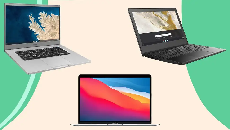 Three laptops against a cream and green background.