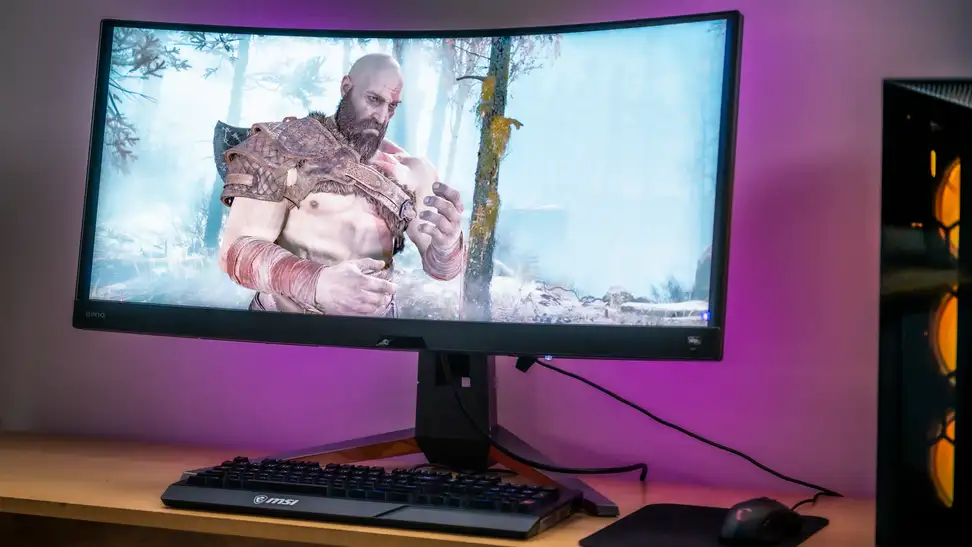 A computer monitor showing a character from a video game