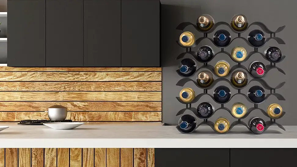 Photo of a Bariboo wine rack (and some wine bottles) on a countertop.