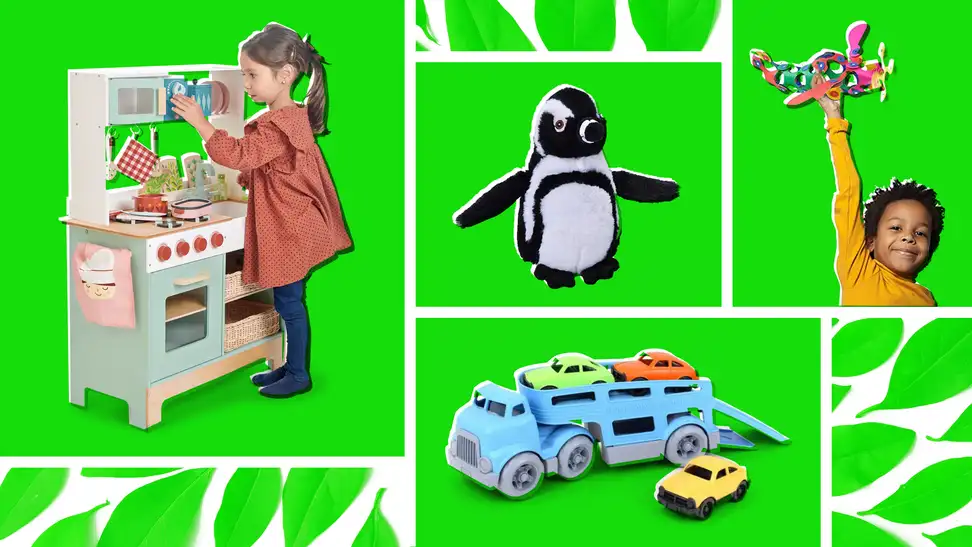 Four insert images of eco-friendly toys and children playing with them.