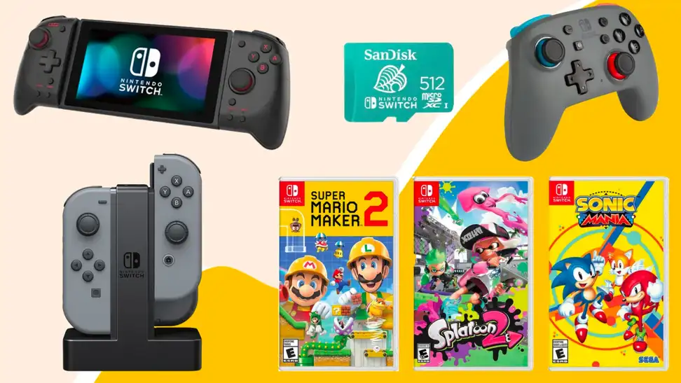 A Nintendo Switch device, controllers, and three video games.