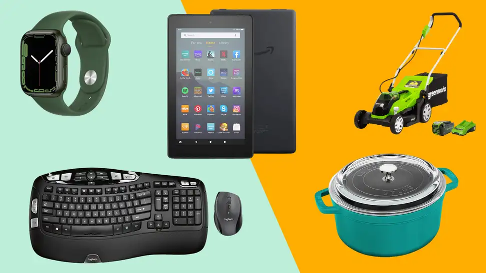 Apple watch, computer keyboard, Amazon tablet, dutch oven, and lawnmower.