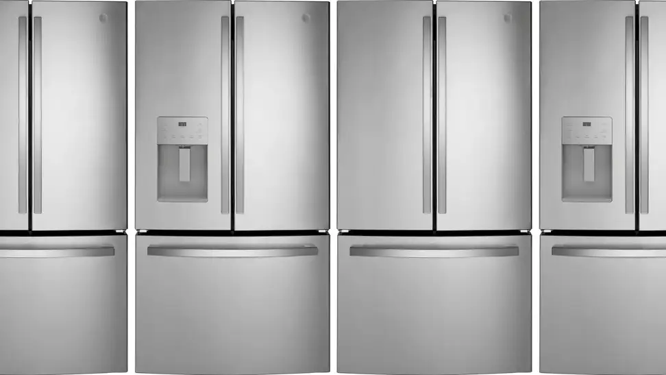 A series of GE fridges in a white void