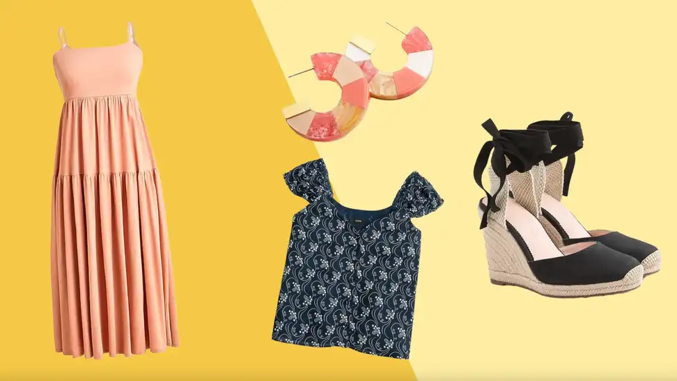 Women's sundress, blouse, earrings and wedge heels.