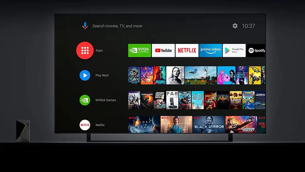 An Android TV box being used on a television to display different streaming services.