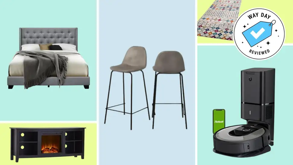 irobot vacuum, barstool set, bed frame, cabinet with fireplace and rug.