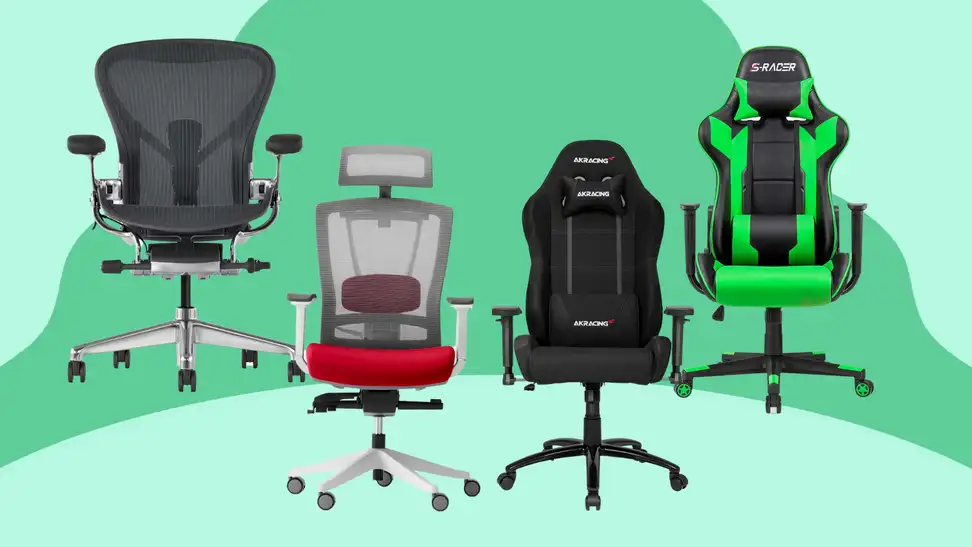 Two office chairs and two gaming chairs against a green background.