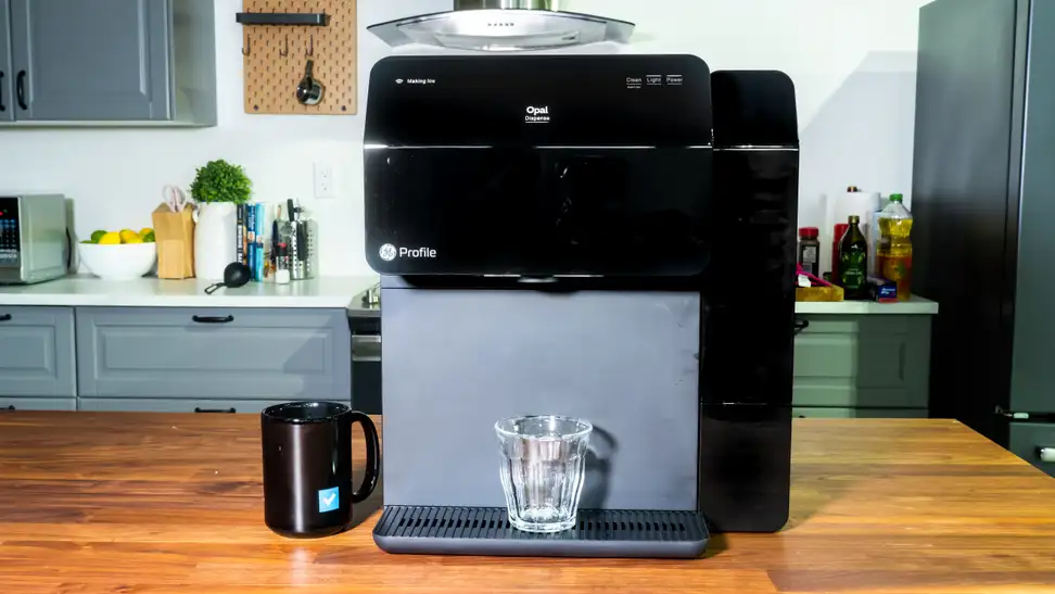 The GE Profile Nugget Ice Dispenser on a countertop