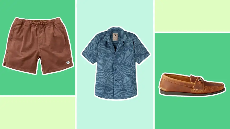 Brown shorts, blue short sleeve button down shirt, and brown loafer shoes