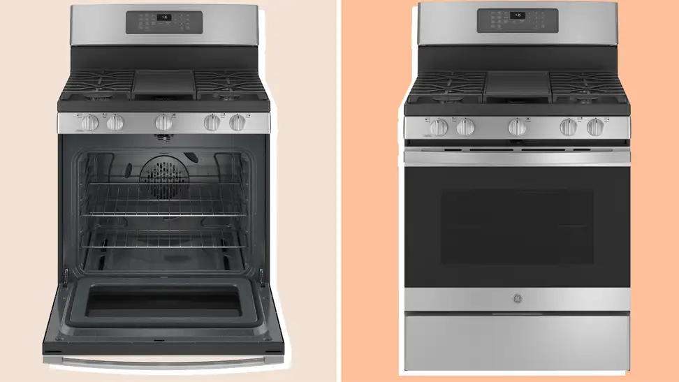 Two gas ranges next to each other on an orange background