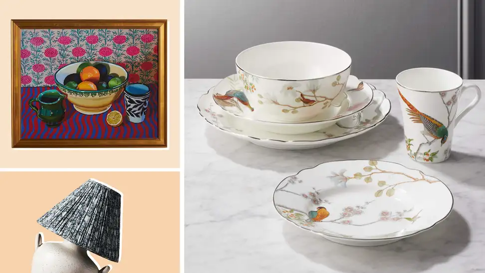 A painting of fruit, a table lamp, and a china set in a collage.