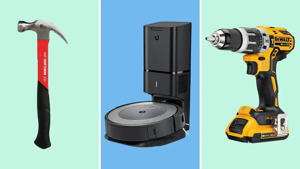hammer, robot vacuum, yellow electric screwdriver