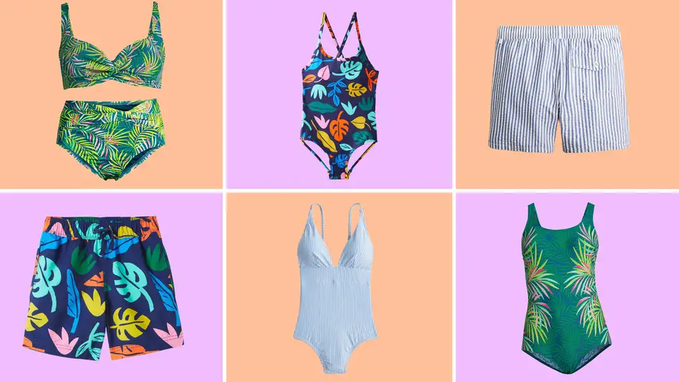 Swimsuit bottoms, tops, and one-pieces in matching prints on a colorful background