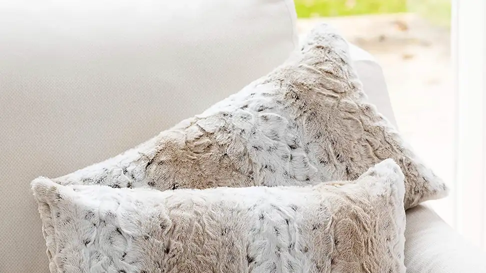 Close-up of two fur-textured tan throw pillows on a couch.