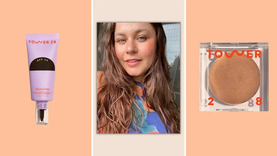 Photos of the products and a selfie of a woman wearing makeup in front of a background.