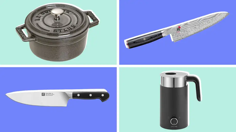 An image of several Zwilling cooking products, including a black Staub mini cocottee, a Miyabi chef's knife, a Zwilling pro chef's knife, and a Zwilling milk frother in black matte.