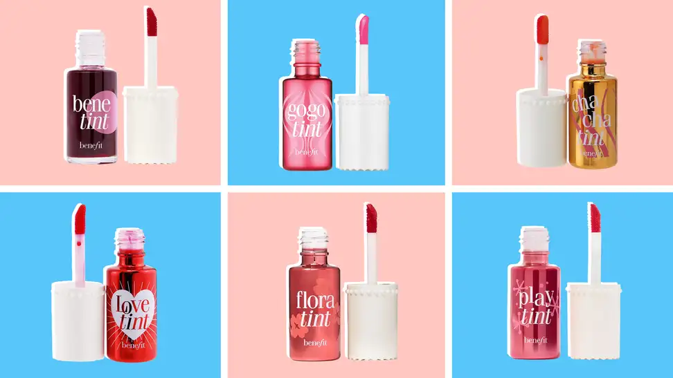 Assorted tubes of lip and cheek tint makeup next to applicator.