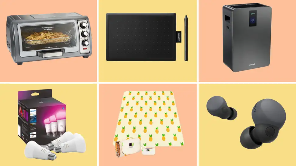 A Hamilton Beach Countertop Toaster Oven in the top left. A Bissell Air Purifier in the top right. Sony Wireless Earbuds in the bottom right. A Miu Color Beach Blanket in the bottom middle. A pack of Phillips color LED lightbulbs in the bottom left.