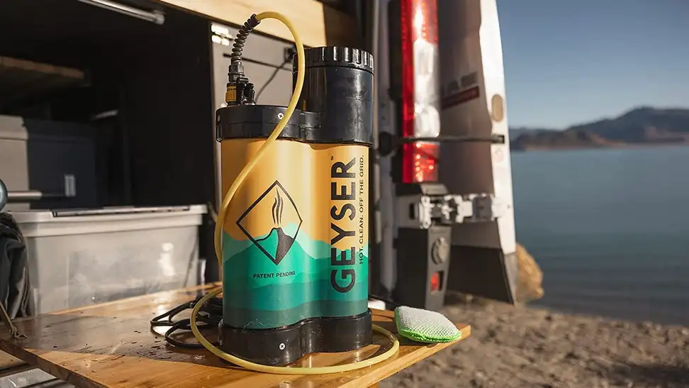 A portable camping shower before being used by a surfer.
